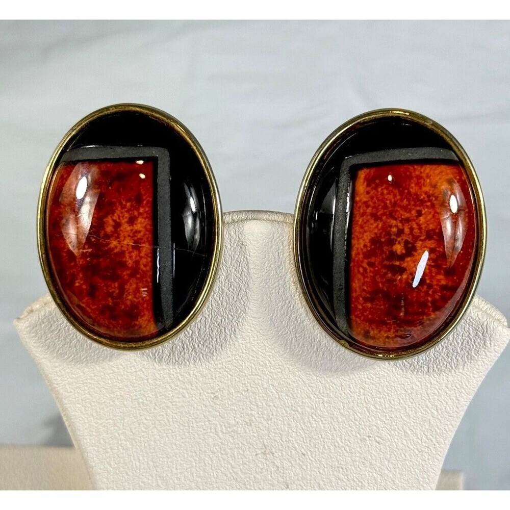 Vintage Signed AL 9894 Tortoise Shell Style & Black Onyx Oval Clip-On Earrings